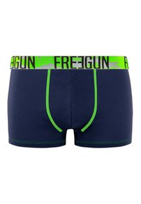 Boxers bleu marine avec des coutures vertes, dotés d'une ceinture élastique verte et noire avec "FREEGUN" imprimé en lettres majuscules.