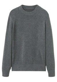 Grauer Pullover aus weichem, strukturiertem Stoff. Verfügt über einen Rundhalsausschnitt, lange Ärmel, gerippte Manschetten und Säume. Einfaches, einfarbiges Design.