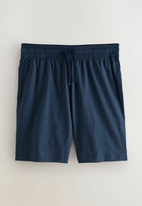 Navy blue casual shorts with elastic waistband and drawstring, featuring side pockets, displayed on a light neutral background.