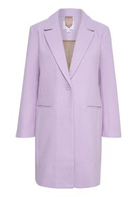 Cappotto di lana lilla con revers, chiusura a un bottone e due tasche frontali. Presenta foderato beige.