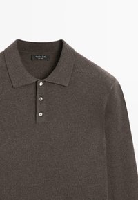 Maglietta polo a maniche lunghe color marrone in maglia con tre bottoni e colletto classico, dotata di etichetta Massimo Dutti all'interno del colletto.