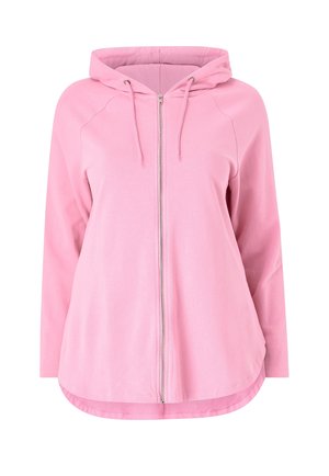 Rosa Kapuzenpullover mit Reißverschluss, langen Ärmeln, gerippten Bündchen und abgerundetem Saum. Weiche Stoffstruktur; Kordelzüge an der Kapuze.