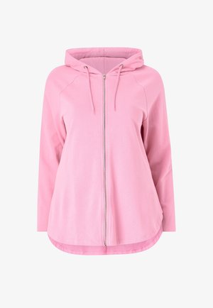 Rosa Kapuzenpullover mit Reißverschluss, langen Ärmeln, gerippten Bündchen und abgerundetem Saum. Weiche Stoffstruktur; Kordelzüge an der Kapuze.