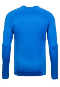 Langärmliges Sportoberteil aus lebhaftem blauen Stoff. Glatte Textur, runder Ausschnitt und taillierte Passform mit flachen Nähten. Keine sichtbaren Grafiken.