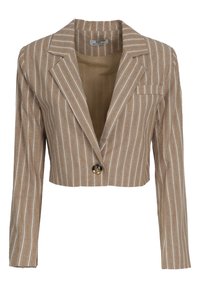 Blazer beige tagliato con strisce verticali bianche, chiusura a un bottone e rever a punta. Dotato di tasca sul petto e fodera liscia.