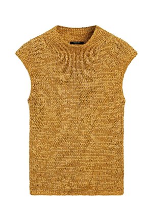 Ærmeløs strikket sweater i sennepsgul med rund halsudskæring og et chunky teksturmønster.