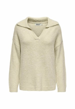 Ljusbeige tröja med V-ringning och bred krage, tillverkad av ett mjukt, texturerat tyg. Har lösa ärmar och en avslappnad silhuett.