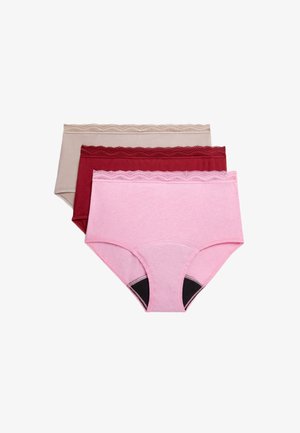 Drie paar katoenen ondergoed: één beige, één burgundy en één roze, met kantafwerking en een klassiek slipontwerp. Textuurband.