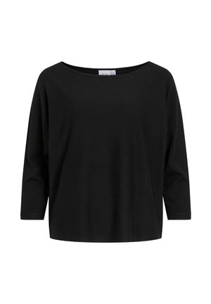 Musta lai lõikega pikkade varrukatega pusa, millel on lai ümar kaelus, valmistatud pehmest kootud kangast, valgel taustal.