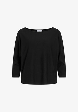 Musta lai lõikega pikkade varrukatega pusa, millel on lai ümar kaelus, valmistatud pehmest kootud kangast, valgel taustal.