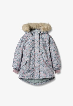 Kurtka zimowa w jasnoniebieskim kolorze z kwiatowym wzorem, wyposażona w kaptur podszyty futerkiem, elastyczne mankiety oraz dwie boczne kieszenie. Miękka w dotyku i sięgająca do kolan.