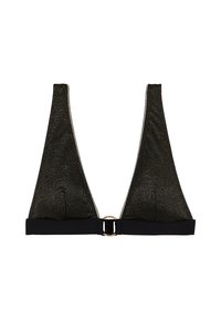 Haut de bikini triangulaire noir en tissu scintillant, avec des bretelles larges et un détail en métal doré en forme de cercle au centre.
