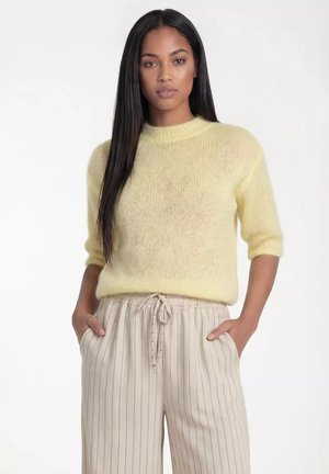 Kobieta o długich czarnych włosach, ubrana w żółty puszysty sweter i beżowe spodnie w paski, z rękami w kieszeniach, stojąca na białym tle.