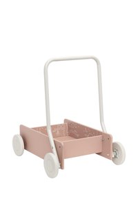 Trævogn i blød pink med hvidt håndtag og hjul. Indersiden har lyse line tegninger af dyr og skyer.