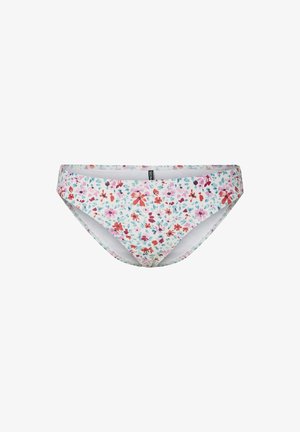 Witte bikinibroekje met een meerkleurig klein bloemenpatroon met rode, roze, paarse en blauwe bloemen op een witte achtergrond.