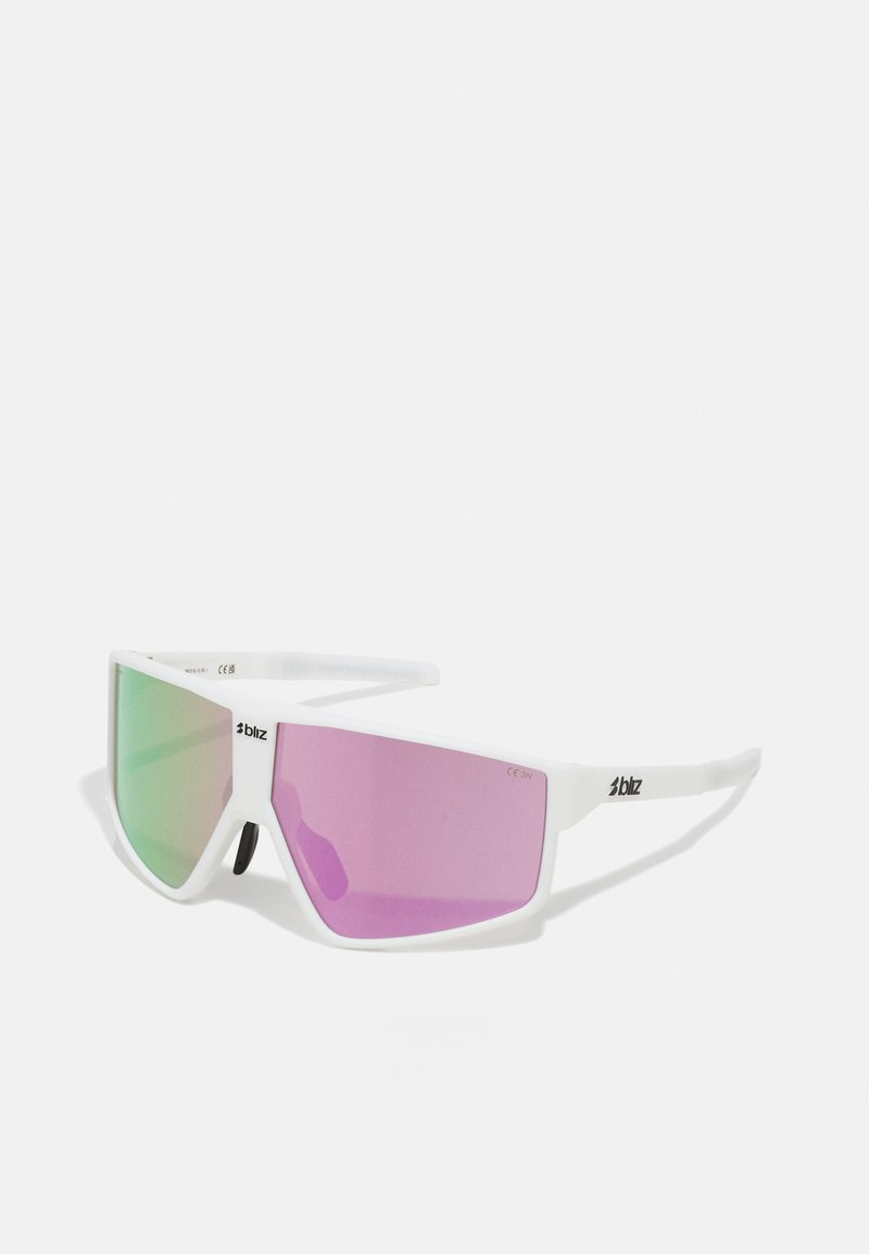 Sunglasses with a white plastic frame, large geometric lenses in green and purple gradients, featuring subtle branding on the side.
