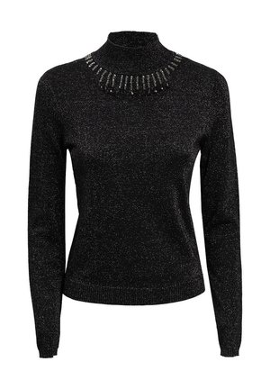 Sort højhalset sweater med lange ærmer, udstyret med en tekstureret overflade og en perlebesmykning omkring halsudskæringen.