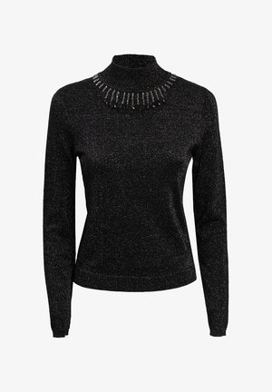 Zwart coltrui met lange mouwen, voorzien van een textuurafwerking en een gekleurde versiering rond de halslijn.