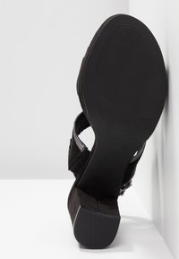 Sandale noire à talon vue par le dessous avec semelle texturée et talon bloc sur une surface blanche contre un mur blanc.