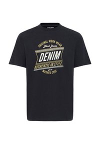 Černé bavlněné tričko s kulatým výstřihem, zdobené grafickým potiskem v bílé a zlaté barvě, na kterém je napsáno "DENIM AUTHENTIC IN STYLE."