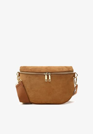 Suède bruine crossbody tas met gouden hardware, ritssluiting en een stoffen schouderband. De ronde vorm en de zachte textuur verbeteren het ontwerp.