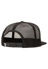 Black trucker hat with mesh back, plastic snap closure, and solid front panel. Features a stitched logo label on the side.