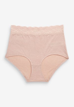 Roze katoenen high-waisted onderbroek met een bloemenkant tailleband, een gladde textuur en een afgeronde snit voor comfort en bedekking.
