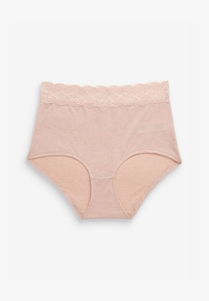 Mutandine in cotone rosa a vita alta con un bordo in pizzo floreale, texture liscia e taglio arrotondato per comfort e copertura.