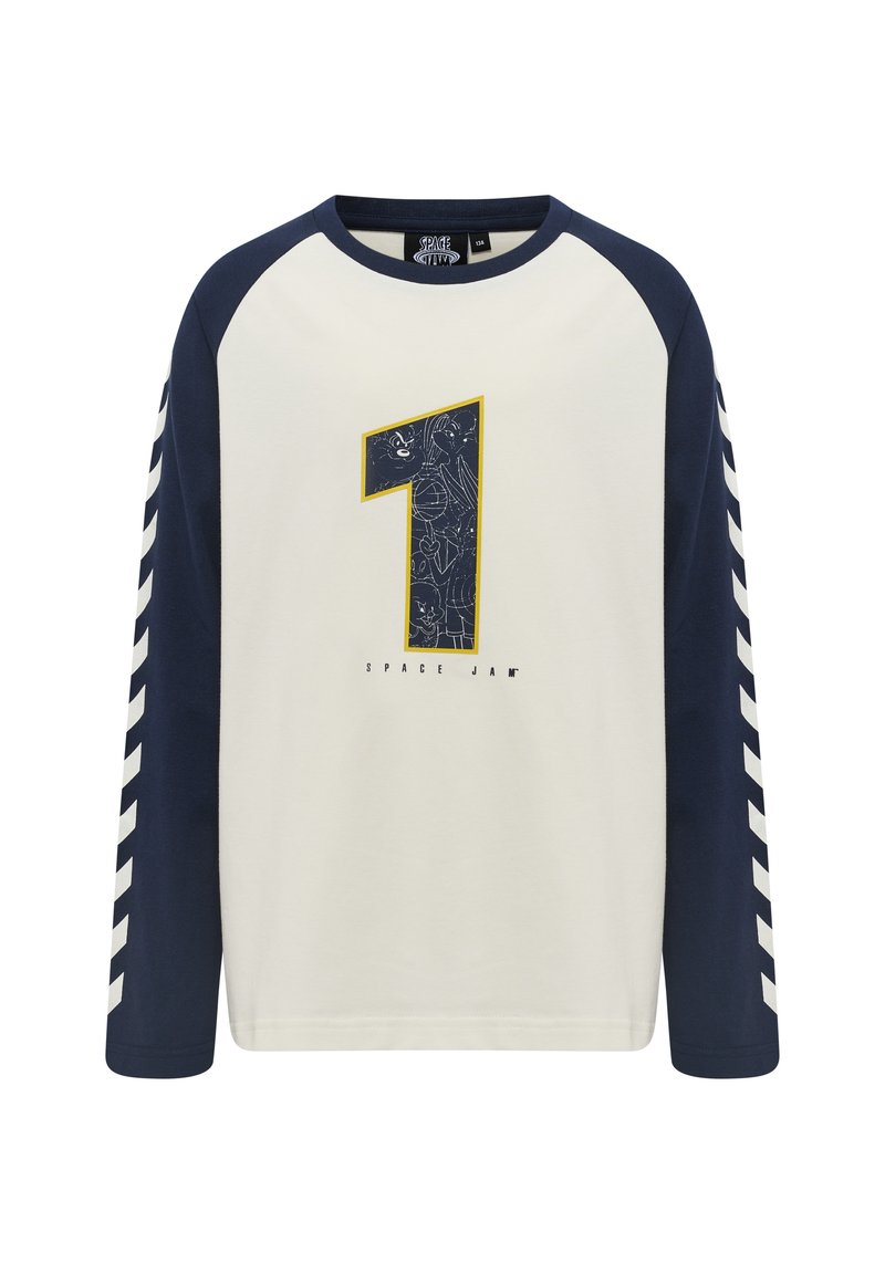 T-shirt med långa ärmar som har en vit kropp, marinblå ärmar med ett chevronmönster, och en stor grafik med siffran "1" som har animerade detaljer.