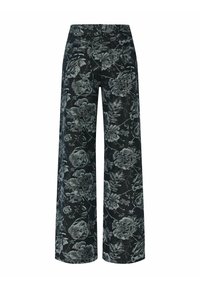 Cvećaste široke hlače od crnog denima, s detaljnim sivim cvjetnim uzorkom, visokim strukom i dva stražnja džepa.