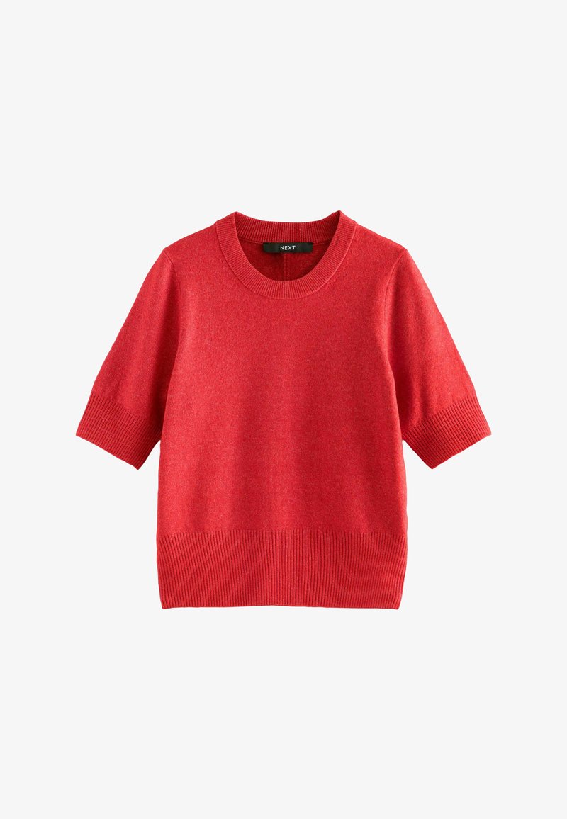 Red short-sleeve knit sweater with ribbed cuffs and hem, featuring a round neckline.
