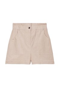 Beige corduroy shorts met een elastische tailleband, voorzakken en een enkele knoopsluiting. Soepele textuur en casual ontwerp.
