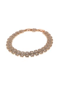 Armband aus Roségold mit sich wiederholenden herzförmigen Gliedern, die mit kleinen klaren Kristallen besetzt sind, gesichert durch einen Verschluss.