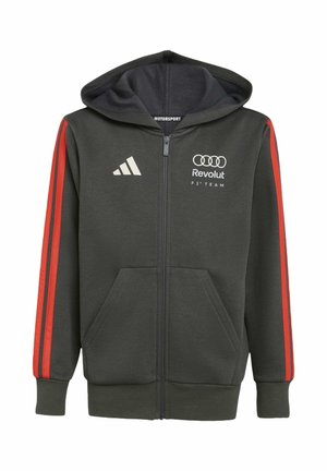Grauer Kapuzenpullover mit Reißverschluss und roten Seitenstreifen, mit Kapuze und Vordertaschen. Zeigt die Logos von Audi, Revolut und Adidas auf der Brust.