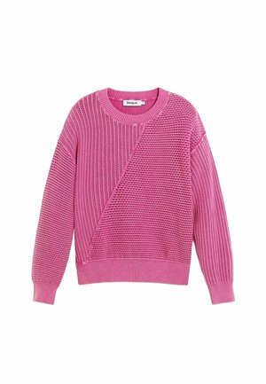 Roze gebreide trui met lange mouwen, verschillende stekenpatronen, geribbelde boorden en zoom, en een ronde hals.