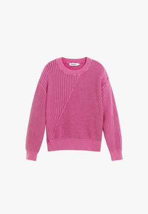 Roze gebreide trui met lange mouwen, verschillende stekenpatronen, geribbelde boorden en zoom, en een ronde hals.