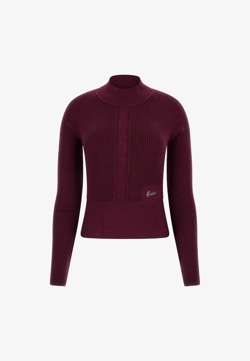 Pull en maille côtelée bordeaux à manches longues, col montant, motif losange au centre, et petit logo "Guess" en bas à droite sur le devant.