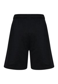 Sorte bomulds shorts med elastisk talje, der har en glat tekstur og ensartet design, skåret lige over knæet.