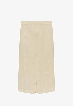 Pencil krilo do kolen v svetlem kremnem lanu, z razporkom spredaj in subtilnimi šivi. Prilagojen pas z zankami za pas.