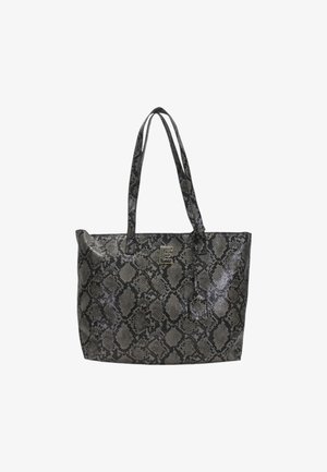 Borsa a spalla grigia con motivo coccodrillo; realizzata in materiale sintetico. Presenta due manici lunghi e un logo 'E' sul davanti.