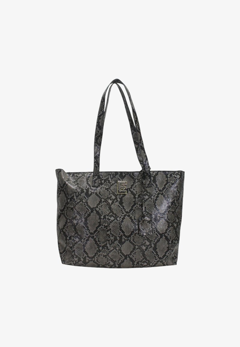 Borsa a spalla grigia con motivo coccodrillo; realizzata in materiale sintetico. Presenta due manici lunghi e un logo 'E' sul davanti.