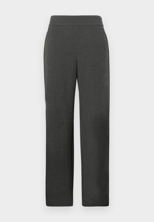 Pantalones rectos de color gris oscuro con una cinturilla ajustada y bolsillos laterales, mostrados sobre un fondo claro y liso.