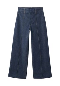 Dolge kavbojke z razširjenimi hlačnicami iz temnega jeansa s kontrastnim svetlim šivom. Imajo visok pas in raven, celotne dolžine kroj. Klasičen dizajn brez okraskov.