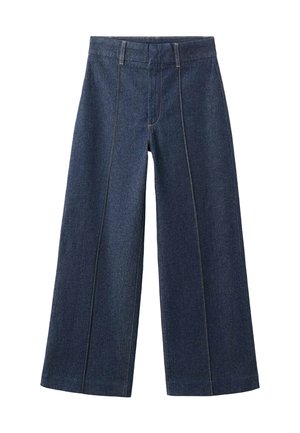 Jeans a gamba larga in denim scuro con cuciture chiare a contrasto. Presentano una vita alta e un taglio dritto a tutta lunghezza. Design classico senza decorazioni.