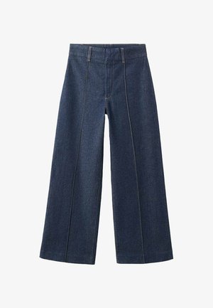 Jeans a gamba larga in denim scuro con cuciture chiare a contrasto. Presentano una vita alta e un taglio dritto a tutta lunghezza. Design classico senza decorazioni.