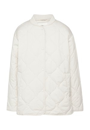 Gesteppte weiße Jacke mit einem Mandarin-Kragen, Knopfleisten und langen Ärmeln. Verfügt über eine glatte Textur und ein rautenförmiges Muster.