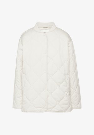 Gesteppte weiße Jacke mit einem Mandarin-Kragen, Knopfleisten und langen Ärmeln. Verfügt über eine glatte Textur und ein rautenförmiges Muster.