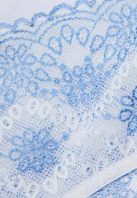 Jemná bílá krajková látka s propracovanými květinovými a vykrojenými vzory na světle modrém pozadí.