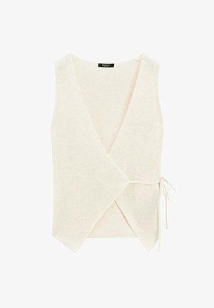 Wrap-Style Oberteil aus leichtem beigen Strickstoff, mit V-Ausschnitt, seitlichem Bindebandverschluss und strukturierter Oberfläche.