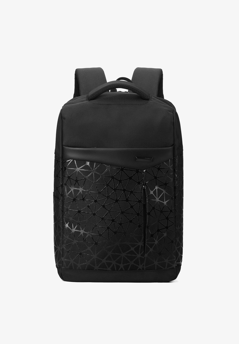 Zaino nero con motivo geometrico sulla parte anteriore, realizzato in tessuto resistente. Presenta spallacci imbottiti e una maniglia superiore per il trasporto.